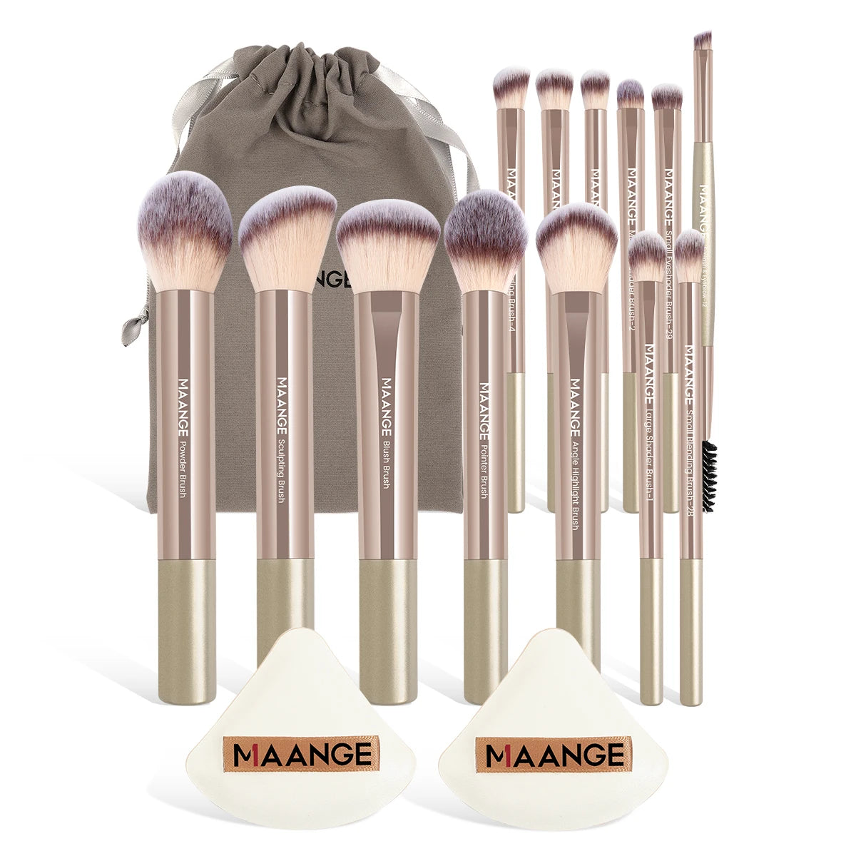 MAANGE 13pcs Makeup Brush Set with Powder Puffs & Storage Bag