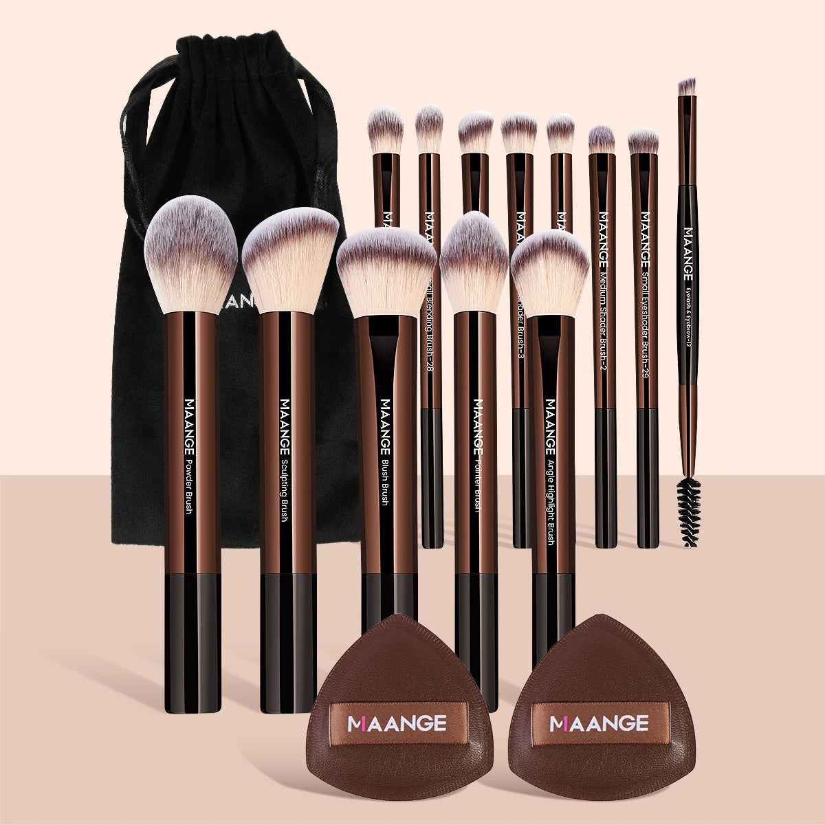MAANGE 13pcs Makeup Brush Set with Powder Puffs & Storage Bag