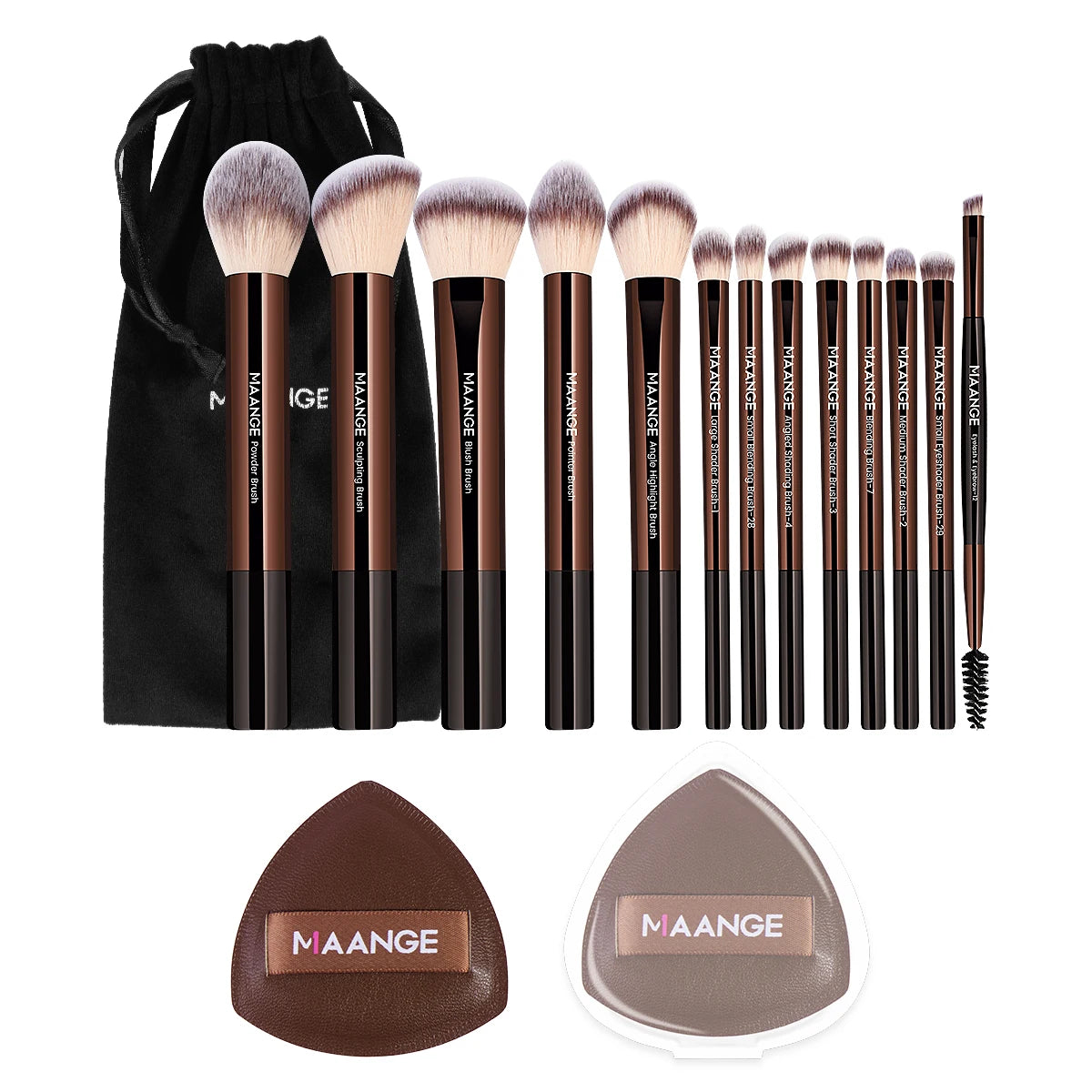 MAANGE 13pcs Makeup Brush Set with Powder Puffs & Storage Bag